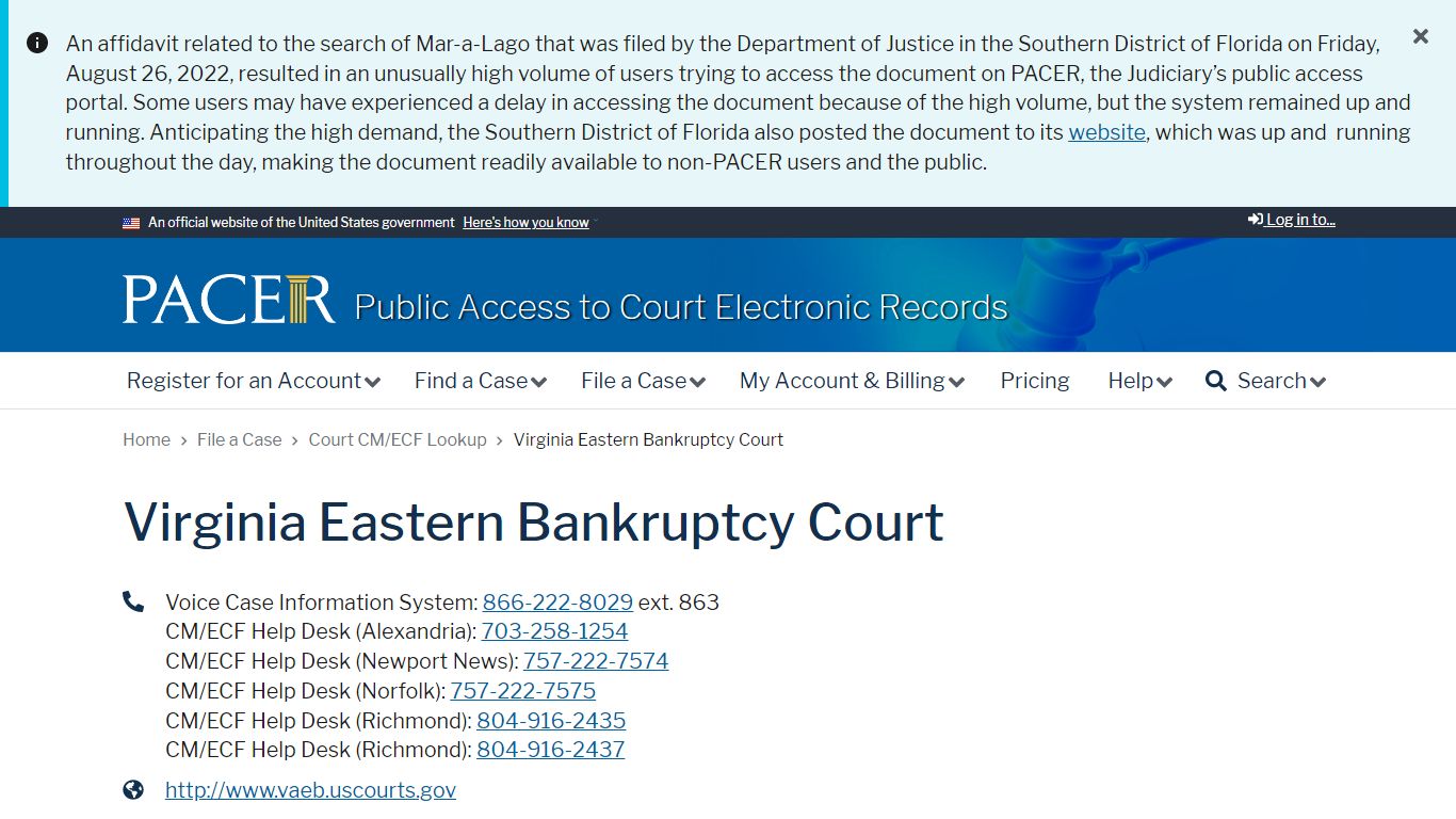 Virginia Eastern Bankruptcy Court | PACER: Federal Court Records